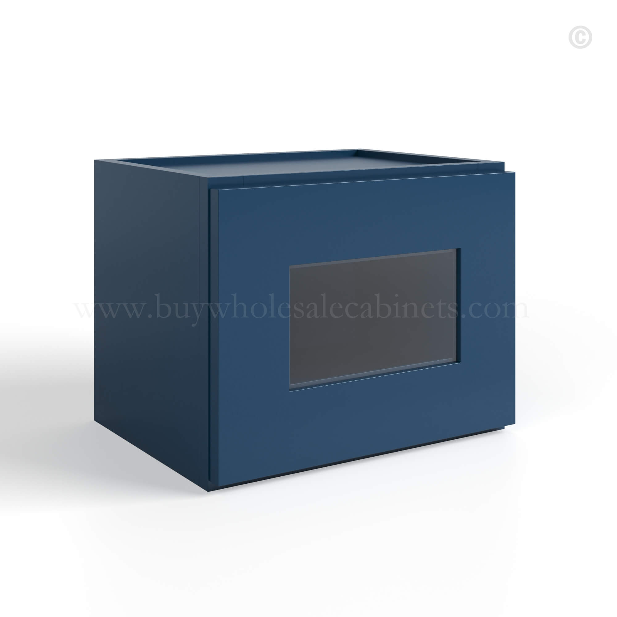 A closed Navy blue Navy Blue Shaker 12 H Single Door Wall Cabinet with Glass Door