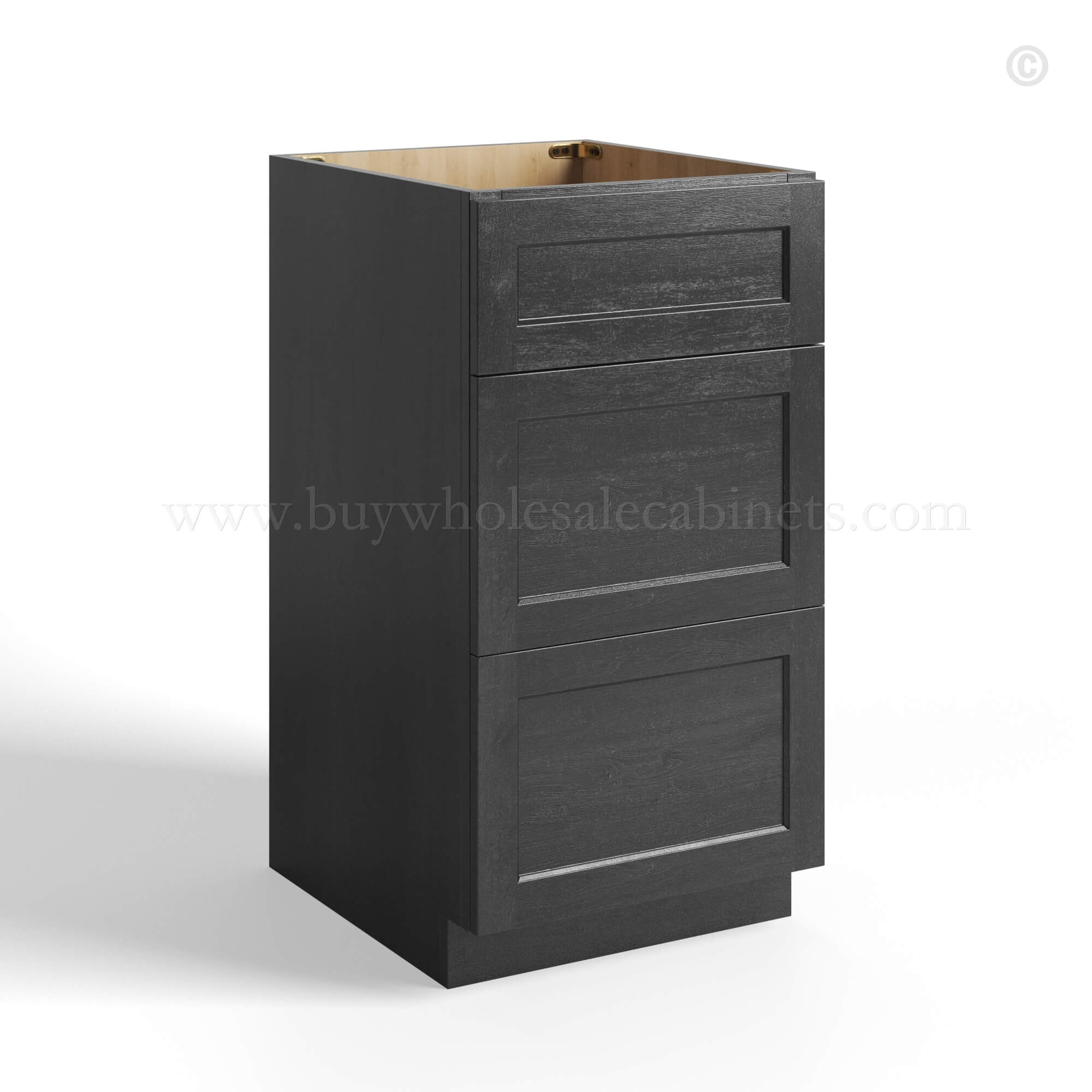 charcoal black shaker three vanity drawer base cabinet with three drawers, rta cabinets, wholesale cabinets
