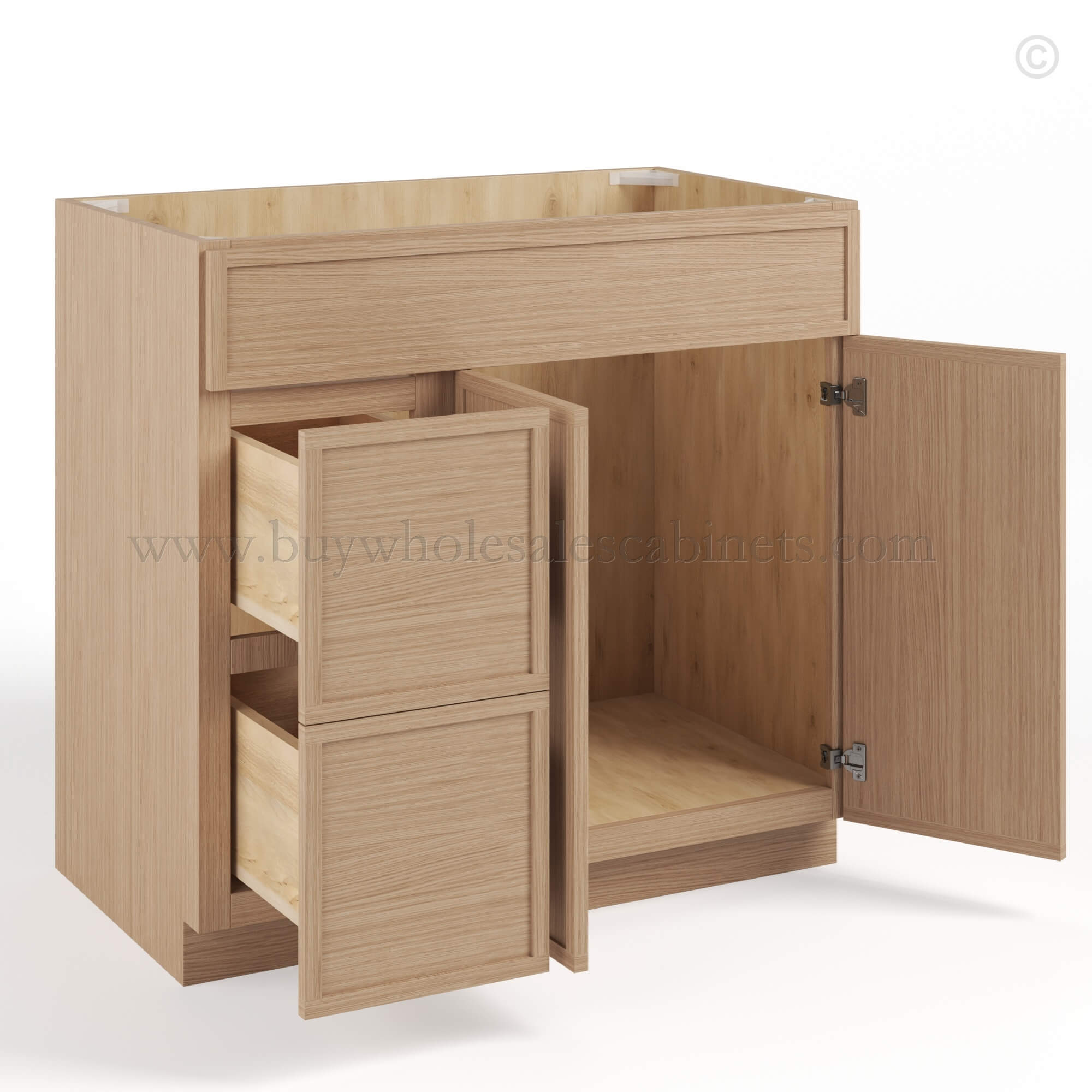 34-slim-oak-shaker-vanity-drawer-cabinet-left-open Slim Oak Shaker Vanity Drawer Cabinet, rta cabinets, wholesale cabinets