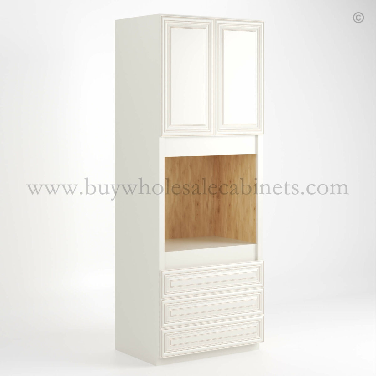 Charleston White Raised Panel 30" W Double Door Oven Pantry Cabinet with Three Drawers