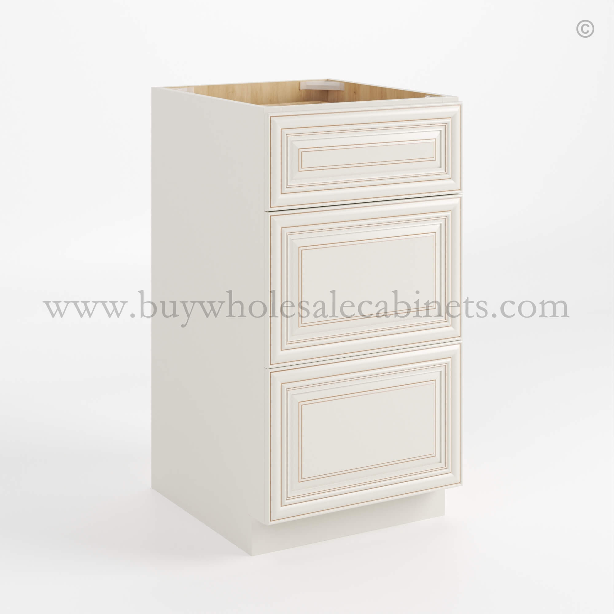 Charleston White Raised Panel Vanity Three Drawer Base Cabinet