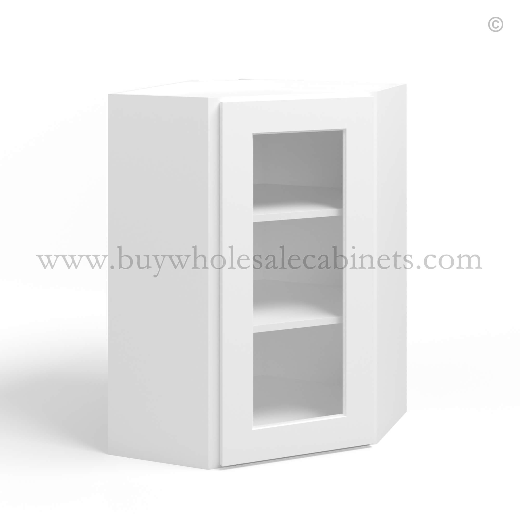 White Shaker 24 Diagonal Corner Wall Cabinet with Glass Door