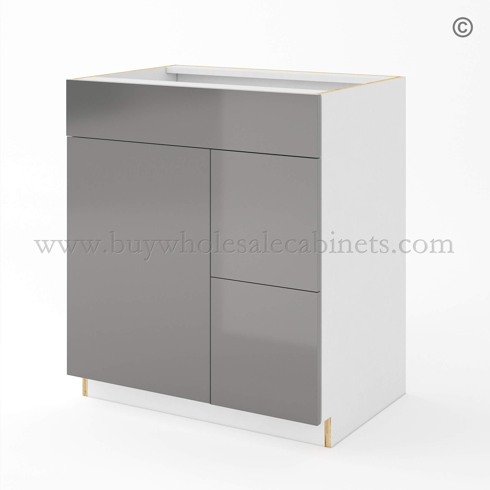 38-frameless-high-gloss-gray-vanity-combo-with-single-door-and-two-drawers-right-closed Frameless Gloss Gray Double Drawer Single Dummy Drawer Vanity Combo Base Cabinet 30W, wholesale cabinets, frameless cabinets