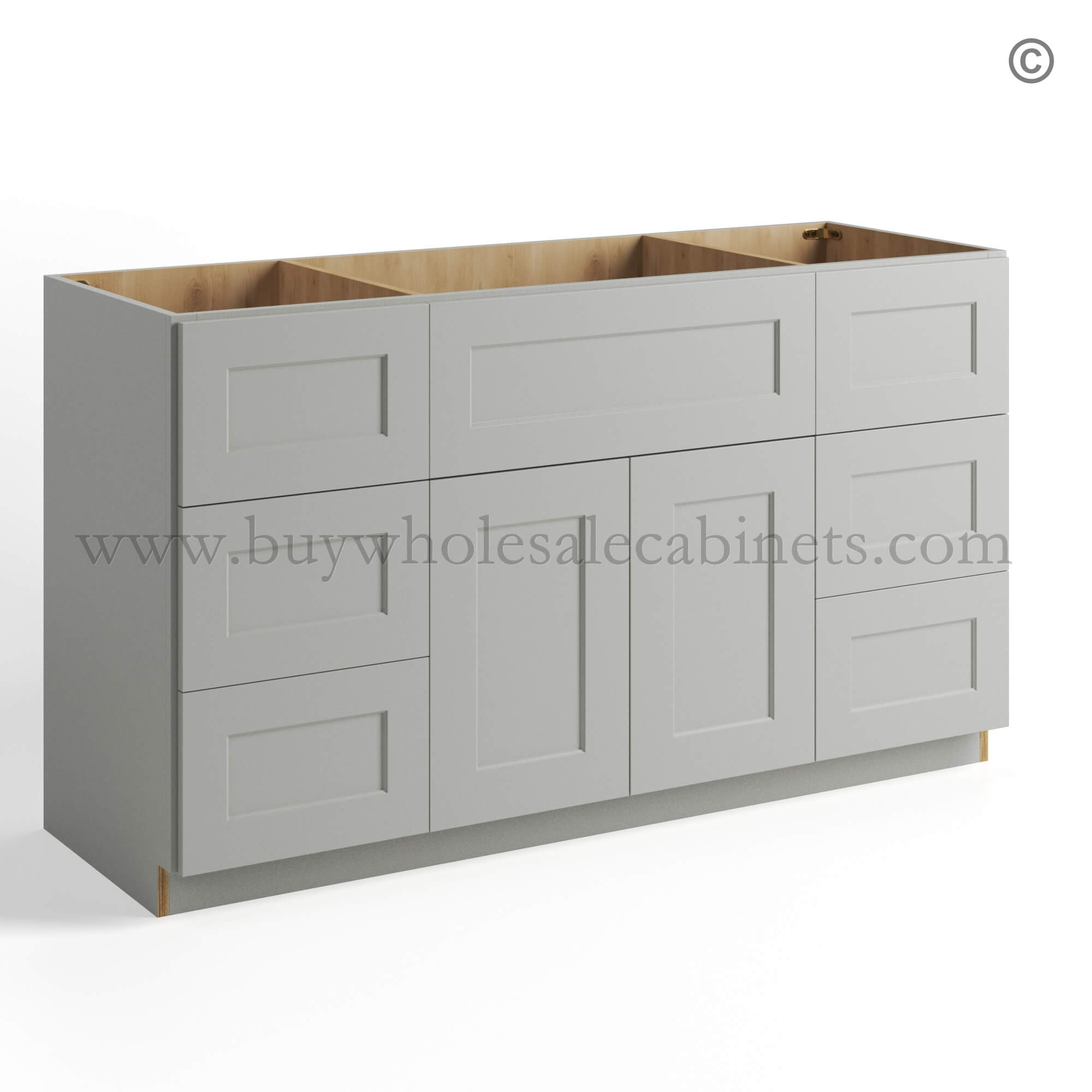 62 dorian-gray-shaker-vanity-sink-base-combo-with-three-drawer-left-and-right-and-sink-centered-closed Dorian Gray Shaker Vanity Sink Base Combo 48W, dorian gray cabinets, rta cabinets, wholesale cabinets