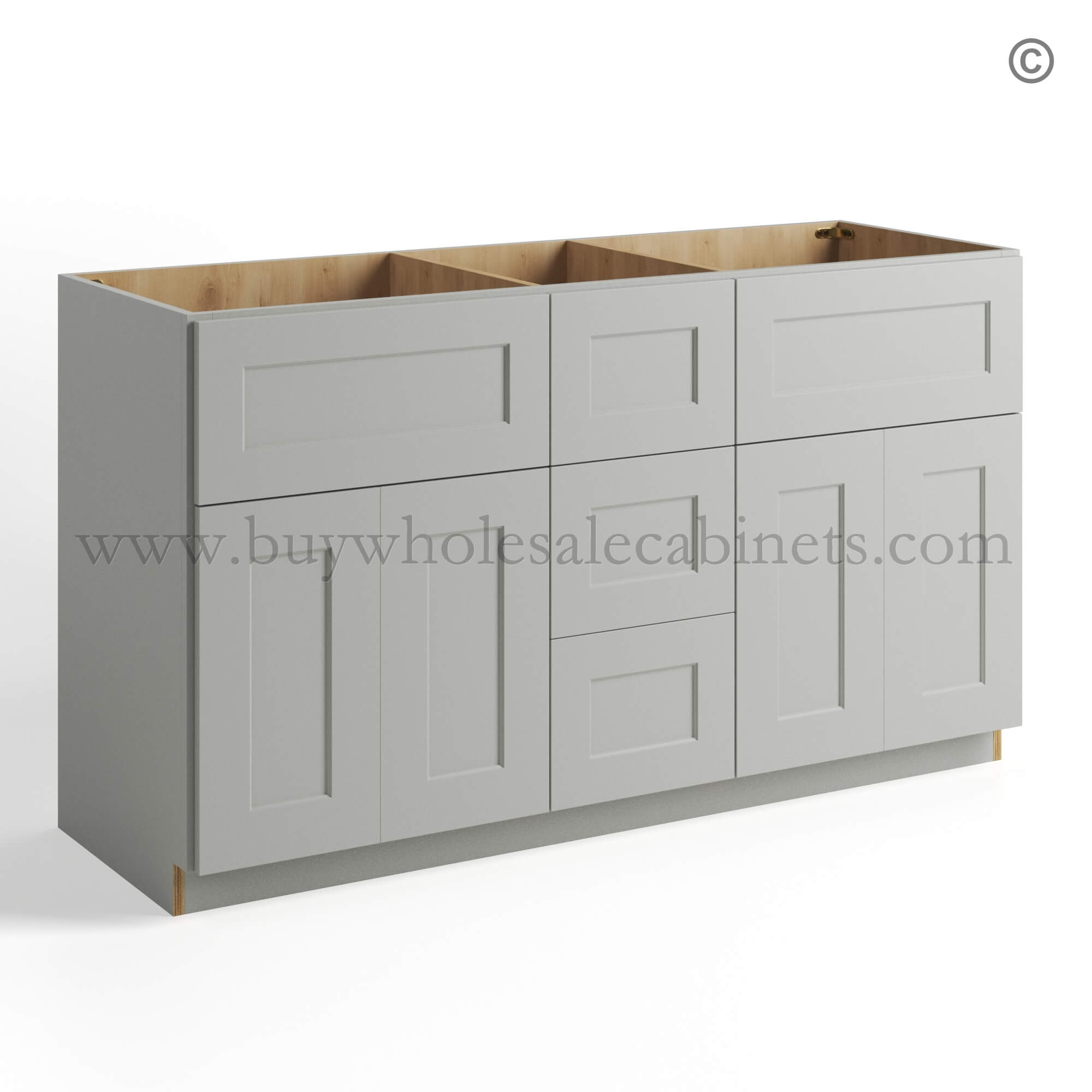 63 dorian-gray-shaker-vanity-sink-base-combo-with-three-drawer-middle-and-double-sink-closed Dorian Gray Shaker Vanity Sink Base Combo, dorian gray cabinets, rta cabinets, wholesale cabinets
