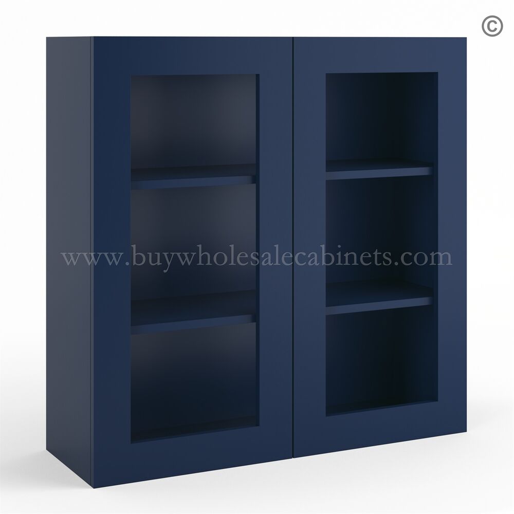 34-imperial-blue-36”-high-two-doors-glass-wall-cabinet-closed-no-glass Frameless Oxford Blue Wall Mullion Door 36"H - 2 Door 2 Shelves - Glass And Clips Not Included. - Image 1